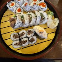 “Chicken” teriyaki roll, tofu roll, mushroom roll, and a “crab” nigiri  at Ogenki in Vancouver
