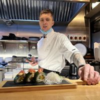 Our sushi chef getting creative with vegan sushi roll options   at Maki & Ramen in Glasgow