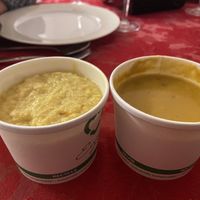 Polenta on left / butternut squash soup  at True Food Kitchen in Newport Beach