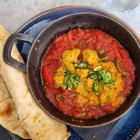 Vegan shakshuka with baked tofu scramble and flatbread at Lake Road Brunch in Keswick