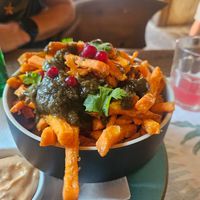 Sweet potato fries with pesto, currants and mayonaise at Metafora in Szklarska Poreba