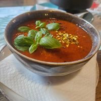 Tomato soup with lumps of tofu at the bottom! at Metafora in Szklarska Poreba