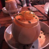 Entrée: velouté de courge, sorbet de courge  at Cancan in Rouen