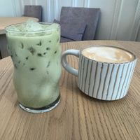 oat milk matcha and coffee   at Bonjour Patisserie in San Diego