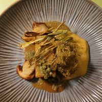 Poutini, gravy  potato mouse, moss, celeriac (Dish 4). #Veganuary at Foxglove in Barmouth