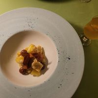 Caramel sauce, almond cake, carlamised apple, peanut brittle, mouse, and kambucha infused with orange and black pepper (Dish 5). #Veganuary at Foxglove in Barmouth