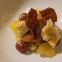 Caramel sauce, almond cake, carlamised apple, peanut brittle, mouse (Dish 5). #Veganuary at Foxglove in Barmouth