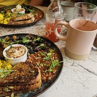 Rise and Shine breakfast, wake up and shake up smoothie with salted caramel protein, hazelnut hot chocolate and pink lemonade at Rise Plant Kitchen + Movement Studio in Malvern