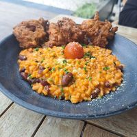 Patties and rice beans at The Green Affair - Parque das Nações in Lisbon