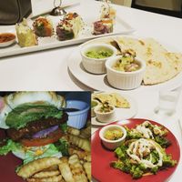 Tacos with pineapple salsa, burger, quesadilla at Loving Hut in Claremont