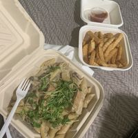 Cashew Creamy Penne w Wild Mushrooms, Fries at Loving Hut in Claremont