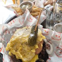 West end Burger. Looks like a wild ride and it was. There was grilled vegan cheese on top of the bun. at Burgernaut in Auckland