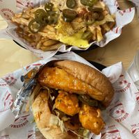 Tofu and gochujang maple sauce burger and loaded fries  at Burgernaut in Auckland