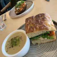 Soup and vegan focaccia sandwich combo, vegetarian beans on sourdough toast (minus feta for vegan)  at Birch in Newcastle