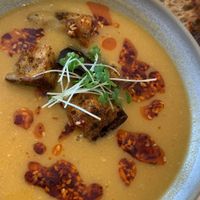 Sweet potato lentil soup with chilli oil and sourdough toast  at Birch in Newcastle