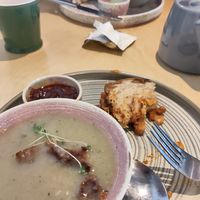 Potato and leek soup plus croutons, remnant of baked beans toastie, dipping sauce, coffee at Birch in Newcastle