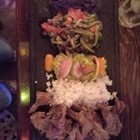 Tampico style mushroom carnitas

with rice, guacamole,nopales salad & beans at La Chicha in Mexico City