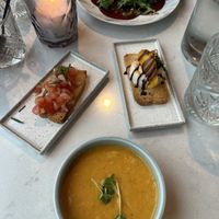 Carrot coconut soup, two kinds of bruschetta and beetroot carpaccio  at Rozey in Amersfoort