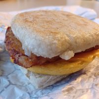 Hashbrown, egg and cheese on English muffin at Vegan Pastry Lab in Englewood