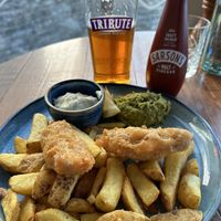 Fish & Chips served with minty mashed peas (amazing flavor!)  at Rock Point Inn in Lyme Regis