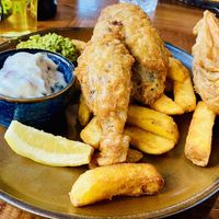 Great size tasty portion of Banana Blossom ‘fish &chips’ wonderful service as well! 😋🌻  at Rock Point Inn in Lyme Regis