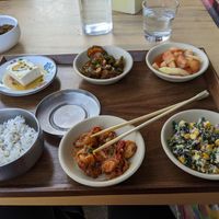All vegan banchan selection, with rice and house-made tofu at Joodooboo in Oakland
