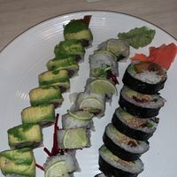 Left to right: Kanpyo Caterpillar, Xalapa, Inari Maki. Miso soup in background.  at Zen Sushi in Dallas