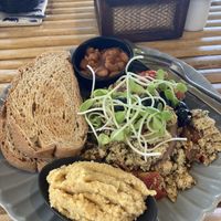 Tofu scramble (comes with hummus) plus baked beans on the side as an extra for 20 baht.  at Tuesday Morning in Koh Lanta