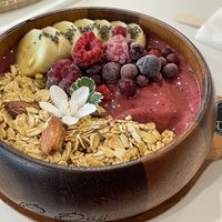 Saturday berry bowl (banana, mixed berries) made vegan (no yogurt), 229 baht  at D-Day Smoothie Bar in Hua Hin