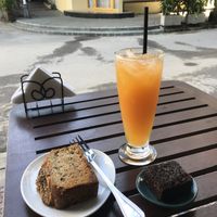 Vegan banana bread, chocolate vegan brownie, orange juice  at Le Bordeaux in Da Nang