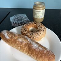 Sourdough bagette small, sesame bagel and chocolate donut: all Vegan! (Peanut butter wasn’t from here 😉)  at Le Bordeaux in Da Nang