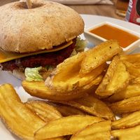 Red burger with chili mayo and kickass fries.  at Vebu in Aarhus