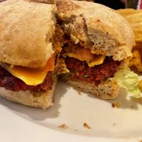 Red burger with chili mayo and kickass fries.  at Vebu in Aarhus