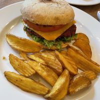 Red burger with amazing fries  at Vebu in Aarhus