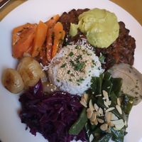 Main: extremely flavorful plate with different vegetables, rice and legumes at La Zucca in Venice