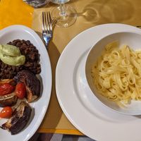 2 sides (fried eggplant, and black beans with avocado) along with tagliatelle (no eggs) at La Zucca in Venice
