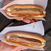 2 vegan dogs, onions (both crispy and fresh) on the bottom at Pylsuvagninn in Selfoss