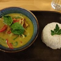 Green Curry with tofu and jasmine rice at NUSARA Thai Fire Kitchen in Poole
