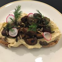 Hummus & mushrooms vegan toast at Golda in Madrid