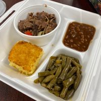 Vegan jackfruit and various sides  at Wholy Smoke Family Restaurant in Mauldin