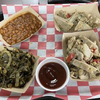 Jackfruit, collards, baked beans.   at Wholy Smoke Family Restaurant in Mauldin
