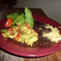 Cilantro pesto pasta salad, fresh salad, black beans, lemon rice at Vegeria - Viva Book Complex in San Antonio