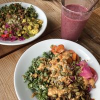 Chickpea bowl, black bean bowl, ginger berry smoothie. So tasty and so so satisfying .  at Rabbits Cafe - Killingsworth in Portland
