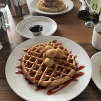 Chicken and waffles, deluxe waffle  at Rabbits Cafe - Killingsworth in Portland