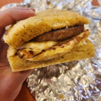 Vegan sausage, egg and housemade pepperjack cheese on biscuit! Super tasty! at The Station Bistro in Conway