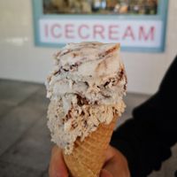 Peanut Butter Choc Chip on top, and Peppermint Choc Fudge underneath. at Billy Van Creamy in Perth