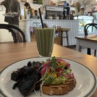 A gorgeous avo on sourdough and mushies! Love the cashew cream and pickled onions! And had to take half the Macha smoothie home as soooo filling and scrumptious!!   at Kinsfolk in Rockhampton