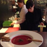 Raw beet and pumpkin soup with heaps of ginger. so tasty! at The Beginnings - Skolas in Riga