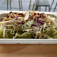 Vegan dumplings topped with vegan slaw   at The Rolling Pin in Auckland