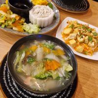 Veg dumpling soup, tofu salad at Sen in Budapest